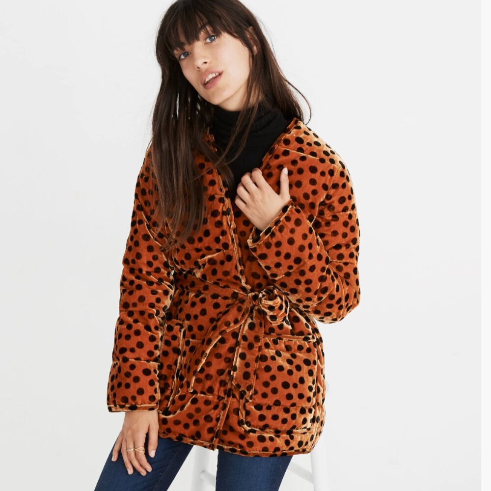 Madewell Velvet Quilted Wrap Jacket in Leopard Dot